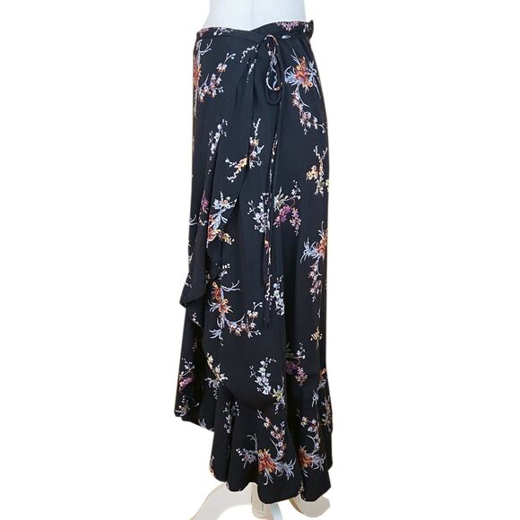 Paige Alamar Midi Wrap Skirt Size M Black Combo Bali Orchid Floral Ruffles - Picture 2 of 6